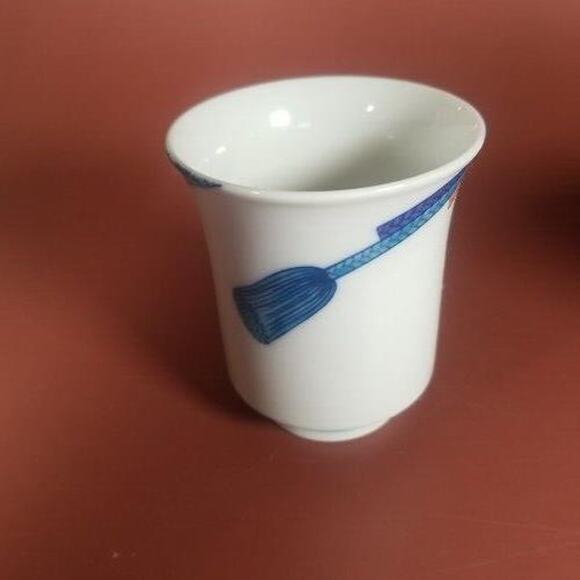 Japanese Tea Cup Mugs With Lids, Tassel Print Blue And Orange Two Sizes Lot of 2 - Picture 5 of 11